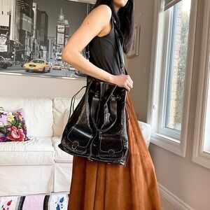 Wrinkled shiny Leather contrast stitch slouchy oversized bucket bag